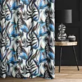 Zasłona szyta na taśmie fala TROPICS srebrno granatowa z miękkiej tkaniny drukowanej w kolorowy botaniczny wzór