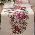 Bieżnik na stół 45x140 cm naturalno, różowy gobelinowy zdobiony motywem kwiatów