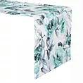 Obrus szyty ORIANA biało jasnoturkusowy z tkaniny o naturalnym splocie w malarski kwiatowy wzór