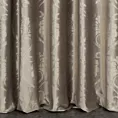 Zasłona szyta na flexach beżowo złocista z miękkiej tkaniny welwetowej z ornamentowym błyszczącym nadrukiem