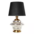Lampa stołowa do salonu czarno, złota AMARI zdobiona szklaną podstawą i lekko szenilowym abażurem Eurofirany