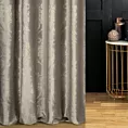 Zasłona szyta na flexach beżowo złocista z miękkiej tkaniny welwetowej z ornamentowym błyszczącym nadrukiem