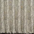 Zasłona szyta na tunelu popielato musztardowa z tkaniny z dodatkiem bawełny i nici metalicznej, o wzorze ornamentowym, zawiera 20% bawełny
