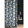 Zasłona szyta na taśmie fala TROPICS srebrno granatowa z miękkiej tkaniny drukowanej w kolorowy botaniczny wzór