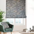 Roleta rzymska popielato złocista z miękkiej, welwetowej tkaniny z nieregularnym wzorem i błyszczącym nadrukiem