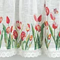 Zazdrostka biało, czerwona z etaminy zdobiona nadrukiem czerwonych tulipanów i koronką 150x30 cm tunel STELLA  Eurofirany