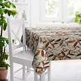 Obrus szyty brązowo kremowy z tkaniny o naturalnym splocie z dodatkiem lnu, zdobionej nadrukiem w kształcie liści