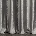 Zasłona szyta na flexach stalowo srebrzysta z miękkiej tkaniny welwetowej z ornamentowym błyszczącym nadrukiem
