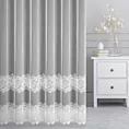 Firana szyta na taśmie 5 cm biała z matowej tkaniny z efektem deszczyku zdobionej aplikacją w formie poziomych pasów