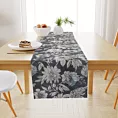 Obrus szyty MISHA grafitowo biały z miękkiej tkaniny typu blackout drukowanej w nowoczesny kwiatowy wzór