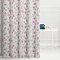 Firana szyta na tunelu biało różowa z tkaniny typu ETAMINA z kwiatowym nadrukiem, wykończona obciążnikiem
