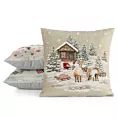 Poszewka na poduszkę 45x45 cm bawełniana, gobelinowa z mieszanki włókien zdobiona motywem zimowej wioski naturalno, beżowa GOB Eurofirany