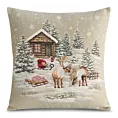 Poszewka na poduszkę 45x45 cm bawełniana, gobelinowa z mieszanki włókien zdobiona motywem zimowej wioski naturalno, beżowa GOB Eurofirany