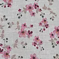 Roleta rzymska biało różowa z tkaniny typu ETAMINA z kwiatowym nadrukiem, wykończona obciążnikiem