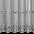 Firana szyta na tunelu biało srebrna z miękkiej w dotyku tkaniny typu aden, zdobionej kordonkową aplikacją