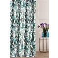 Zasłona szyta na taśmie fala jasnokremowo turkusowa z tkaniny o naturalnym splocie z nadrukowanym botanicznym wzorem