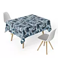Obrus szyty MARINA biało granatowy z miękkiej tkaniny typu blackout drukowanej w egzotyczne liście