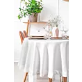 Obrus okrągły biały średnica 150 cm ELLEN zdobiony srebrną błyszczącą nicią z elegancką listwą