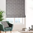 Roleta rzymska popielato szara z tkaniny, z geometrycznym wzorem, z dodatkiem połyskującej nici