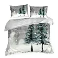 Pościel świąteczna 220x200 cm z satyny bawełnianej, kolor jasnoszary, biały zdobiona nadrukiem zimowego krajobrazu FOREST Eurofirany