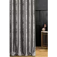 Zasłona szyta na flexach stalowo srebrzysta z miękkiej tkaniny welwetowej z ornamentowym błyszczącym nadrukiem