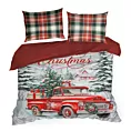 Pościel świąteczna 220x200 cm z bawełny ranforce, kolor czerwono, biały zdobiona uroczym nadrukiem świątecznego auta XMAS Eurofirany