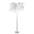 Lampa stojąca do salonu srebrno, biała FERI na metalowej podstawie z efektownym abażurem z naturalnych strusich piór Eurofirany