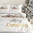 Pościel świąteczna 160x200 cm z satyny bawełnianej, kolor biały jasnobrązowy z nadrukiem świątecznym JOYFULL  Eurofirany