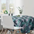 Obrus okrągły granatowo, turkusowy średnica 150 cm wodoodporny GARDEN na taras oraz balkon z motywem botanicznym