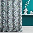 Zasłona szyta na tunelu szaro turkusowa z tkaniny zaciemniającej typu dimout zdobionej geometrycznym nadrukiem