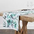 Obrus szyty ORIANA biało jasnoturkusowy z tkaniny o naturalnym splocie w malarski kwiatowy wzór