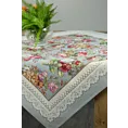 Obrus popielato, różowy 100x100 cm gobelinowy zdobiony tkanym motywem kwiatowym
