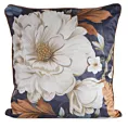 Poszewka na poduszkę 45x45 cm welwetowa  granatowo, kremowa z nadrukiem kwiatów FLORA 2