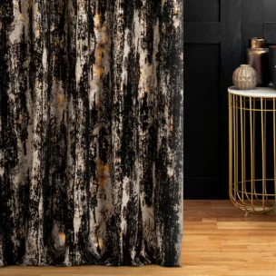 Zasłona szyta na tunelu beżowo czarna z tkaniny welwetowej z metalicznym nadrukiem
