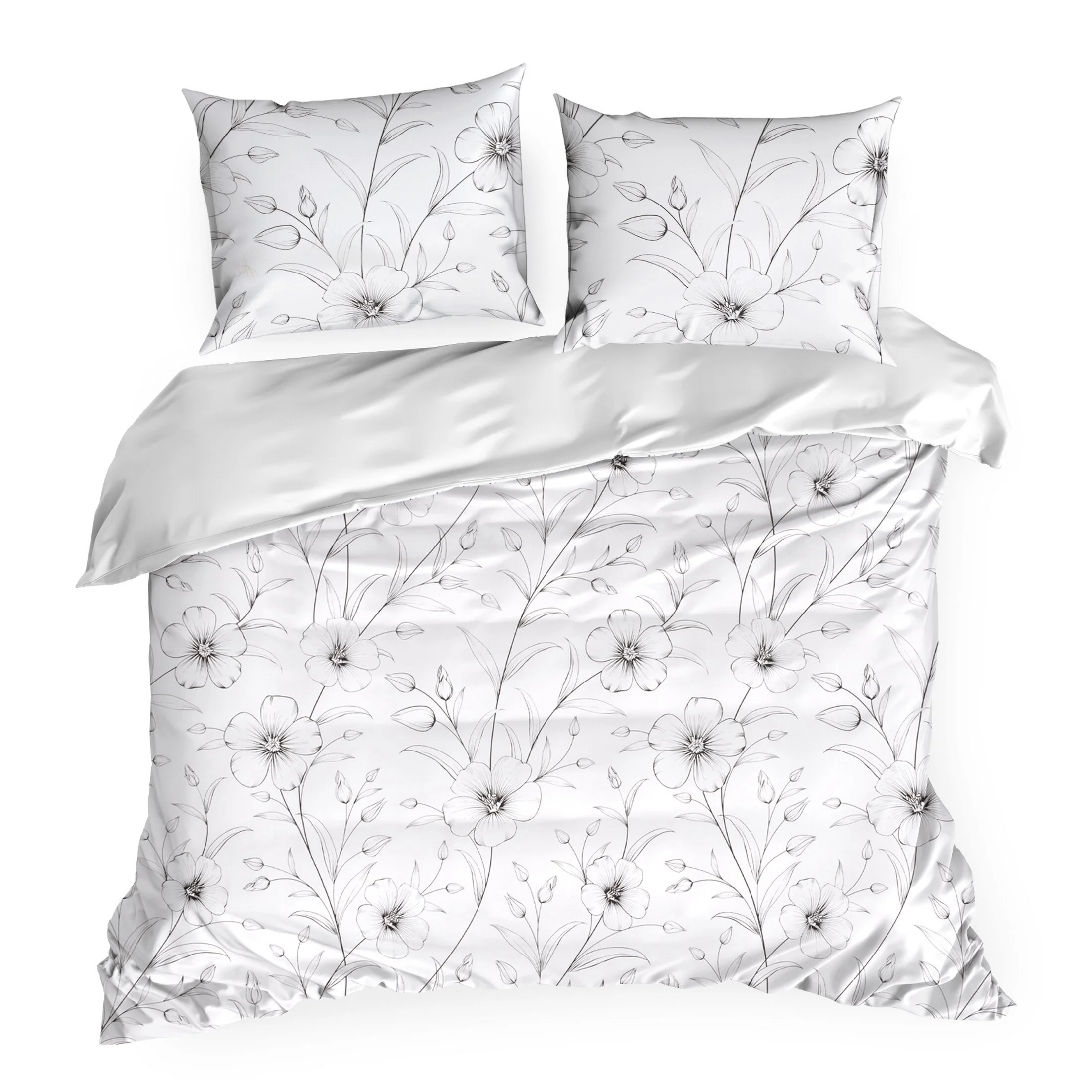 Pościel 160x200 cm komplet 3 częściowy satyna bawełniana kolor biało, czarny z wzorem roślinnym SPRING 64 Eurofirany