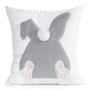 Wielkanocna poszewka na poduszkę 45x45 cm welwetowa z uroczym zajączkiem biało, srebrna WIOSNA 129  Eurofirany