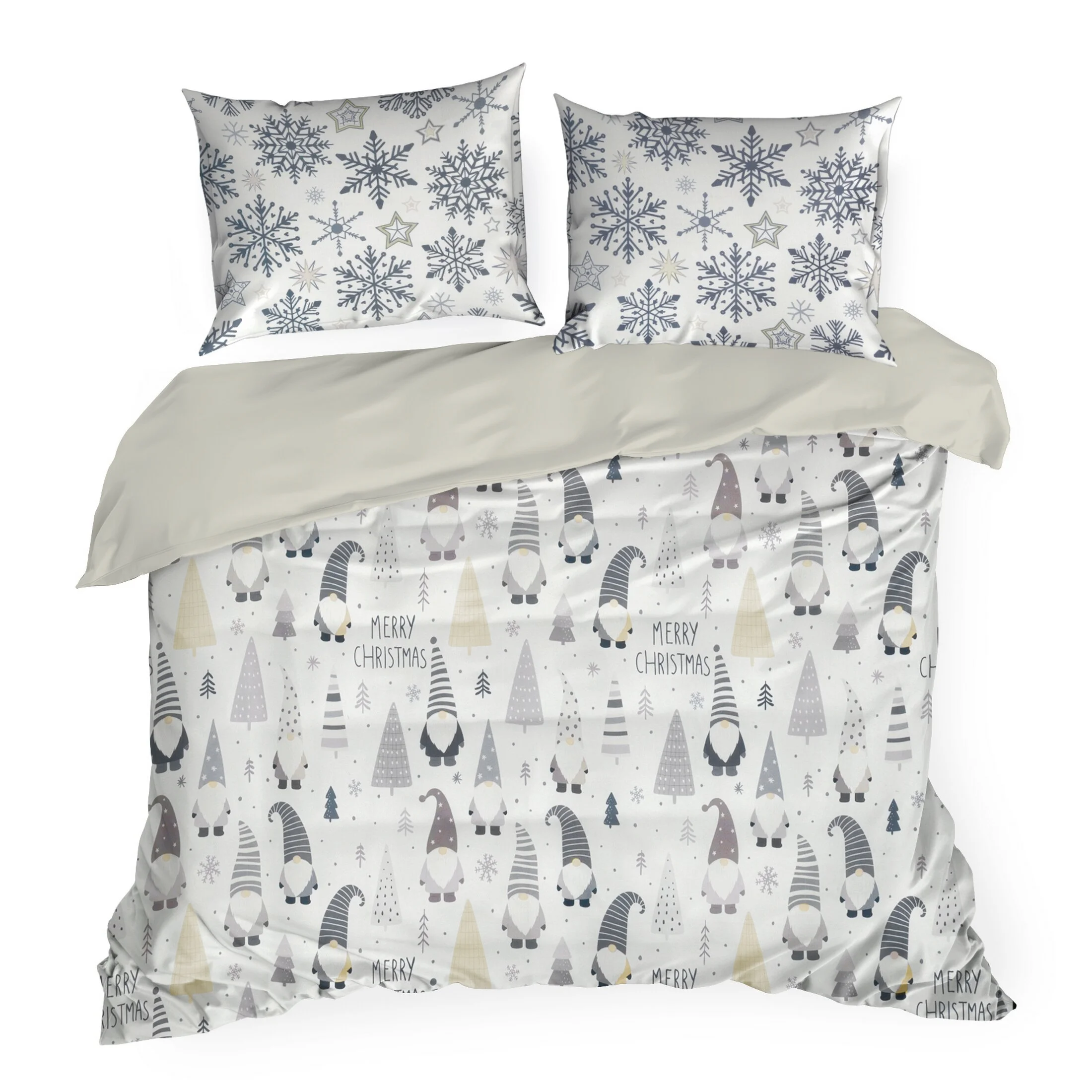Pościel świąteczna 220x200 cm bawełna ranforce kolor biały, stalowy zdobiona nadrukiem uroczych skrzatów DWARF Eurofirany