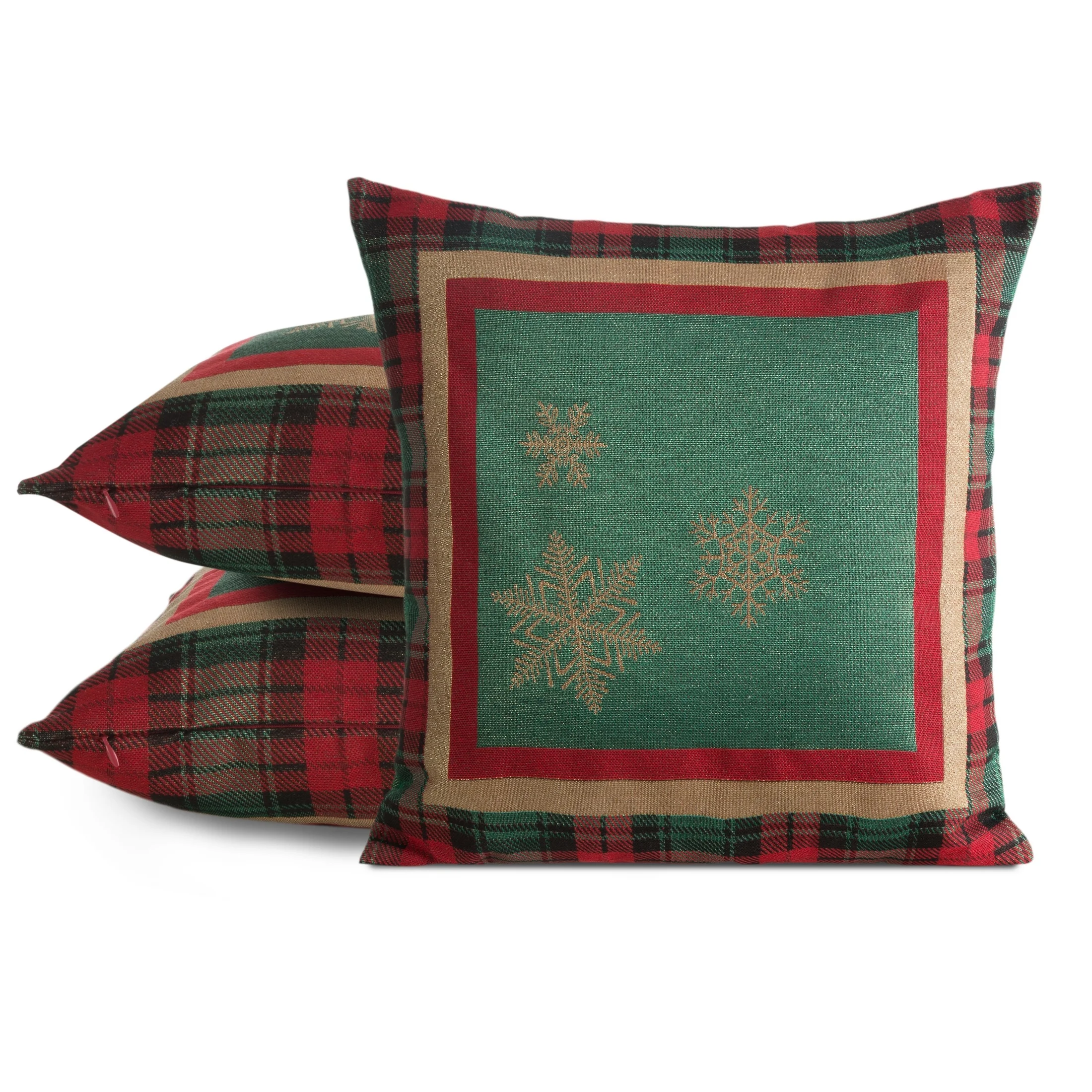 Poszewka na poduszkę 45x45 cm bawełniana, gobelinowa z motywem kraty i złotych śnieżynek zielona STAR Eurofirany