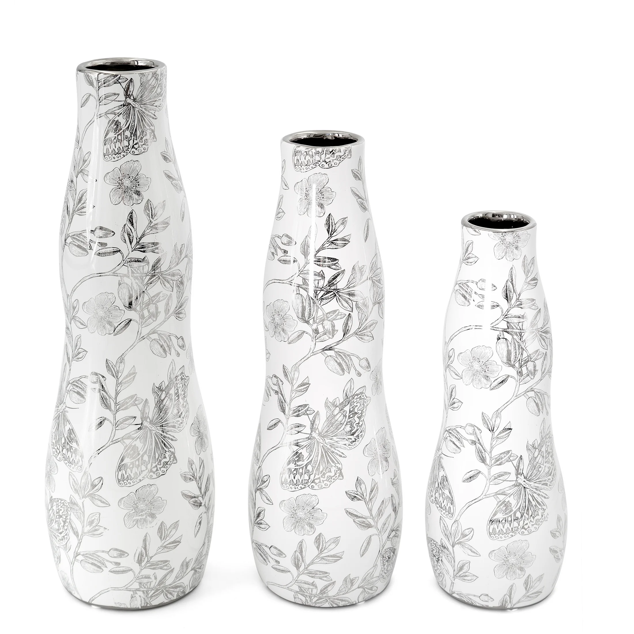 Wazon dekoracyjny biało, srebrny zdobiony roślinnym wzorem 10x30 cm RITA Eurofirany