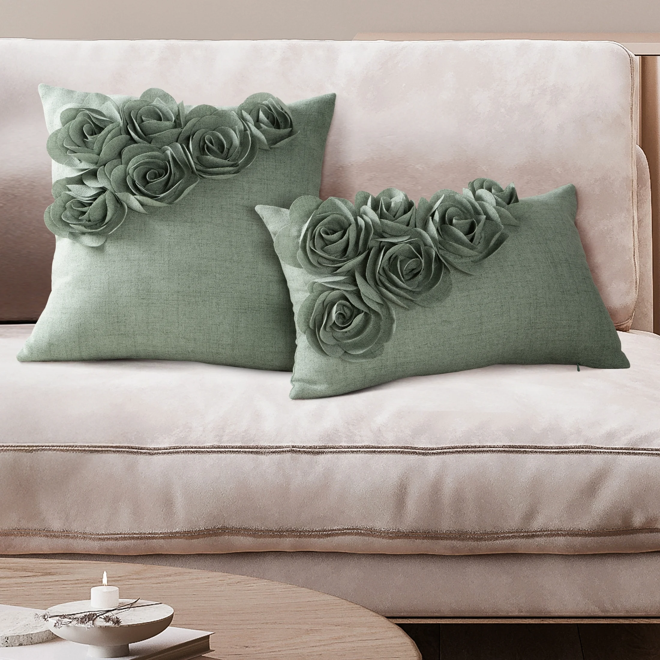 Poszewka na poduszkę 30x50 cm zielona o naturalnym splocie w 3D róże FLORES 7 Eurodirany