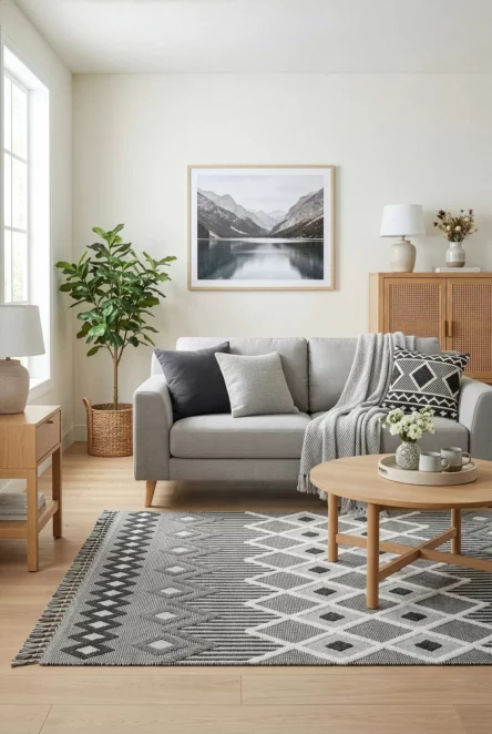 Dywan 50x80 cm grafirowo jasnoszary zdobiony motywem geometrycznym z frędzlami LINDA3 BOHO Eurofirany