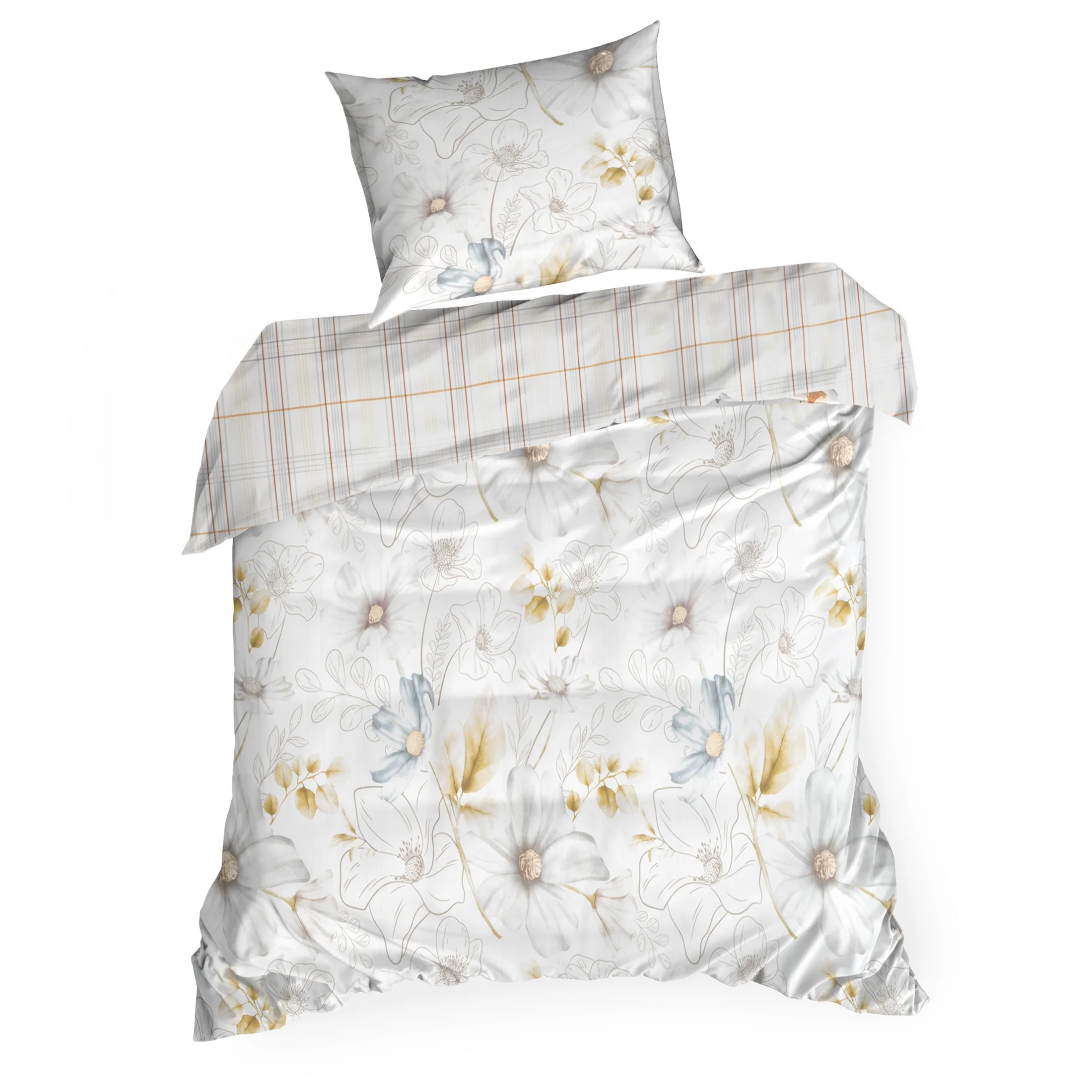 Pościel 140x200 cm komplet 2 częściowy z mieszanki włókien kolor biały, musztardowy z nadrukiem kwiatów LEA9 Design 91 Eurofirany