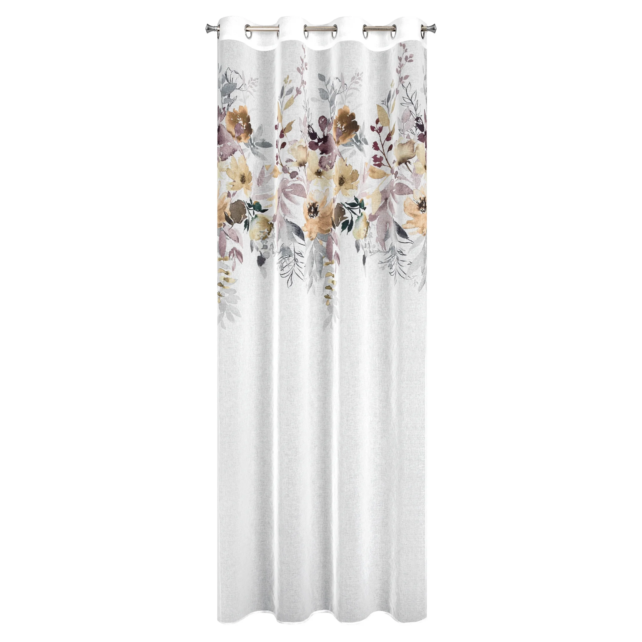 Zasłona biało, żółta zdobiona nadrukiem kwiatów z etaminy 140x250 przelotka GRETA Design 91