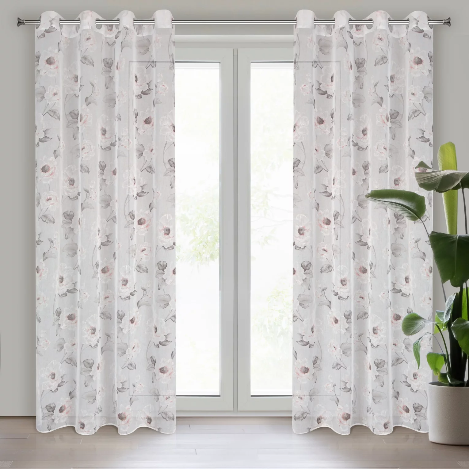 Firana biało, różowa z matowej etaminy z kwiatowym motywem 140x250 cm przelotka BESSY Eurofirany