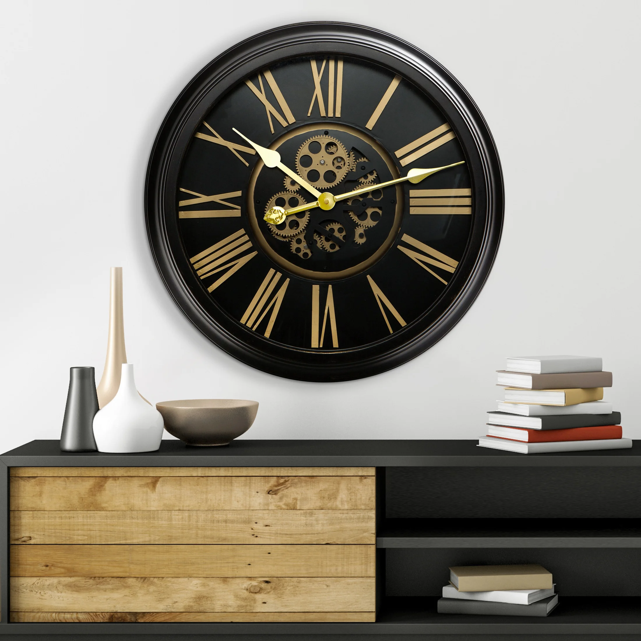 Zegar ścienny czarno-złoty w stylu retro z ruchomymi kołami zębatymi średnica 64x11 cm Eurofirany