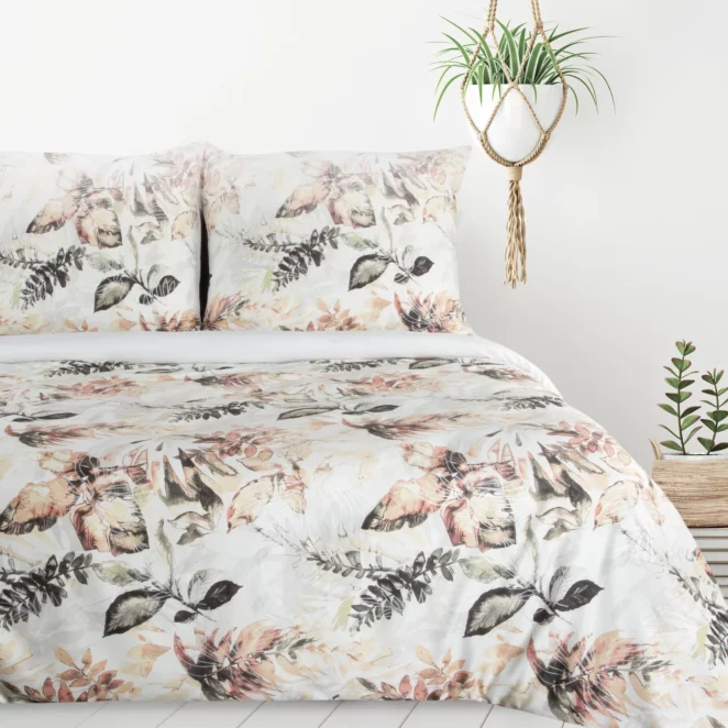 Pościel 220x200 cm komplet 3 częściowy kolor biały, pomarańczowy z motywem liści ARINA Design 91 Eurofirany