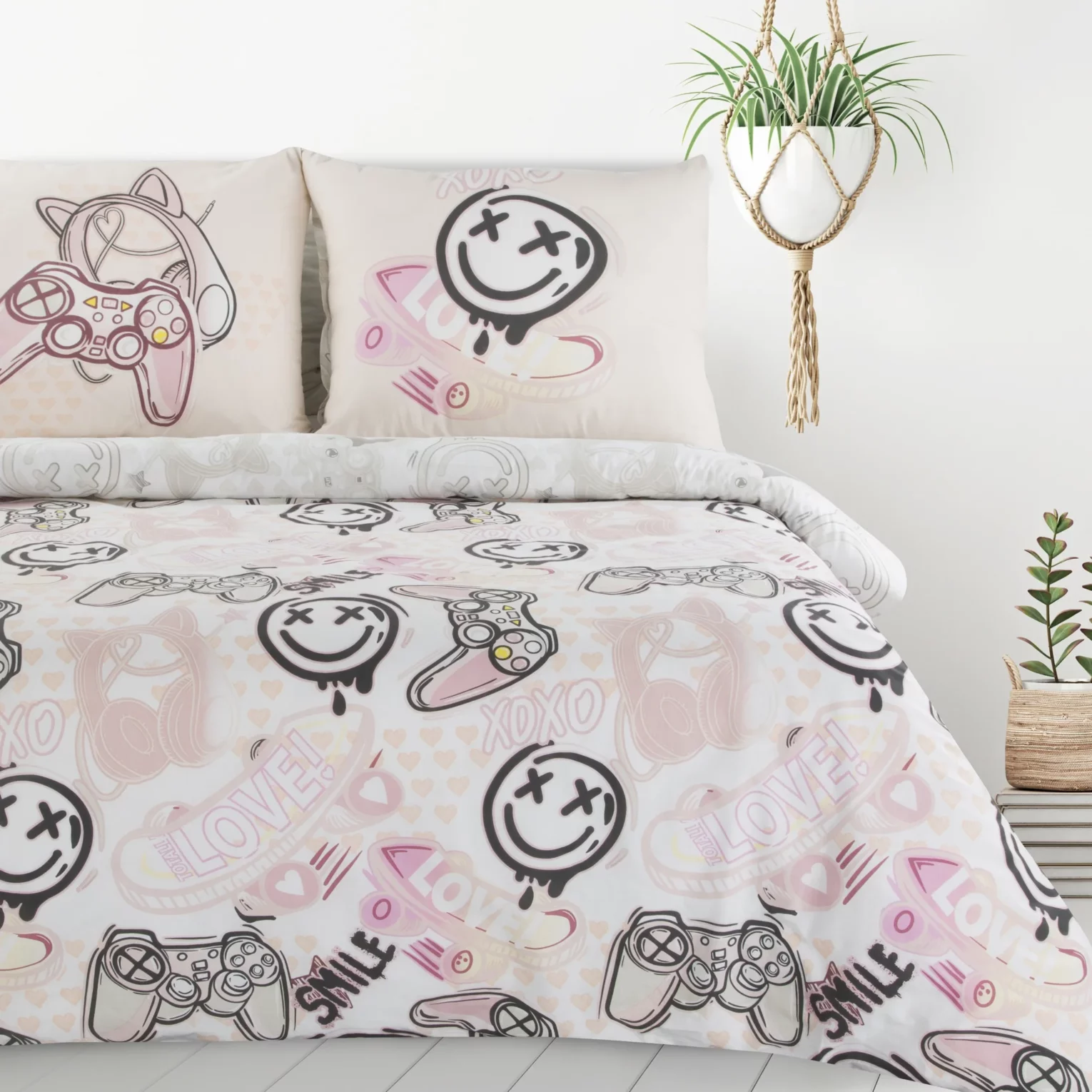 Pościel dziecięca bawełniana 140x200 cm komplet 2 częściowy kolor biały, różowy zdobiona fantazyjnym nadrukiem Design 91 Eurofirany