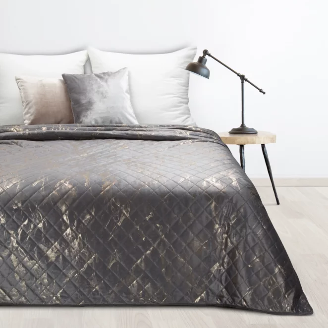 Narzuta welwetowa stalowo, złota 170x210 cm z welwetu zdobiona wzorem marmuru LUIZ 6 DESIGN 91 Eurofirany