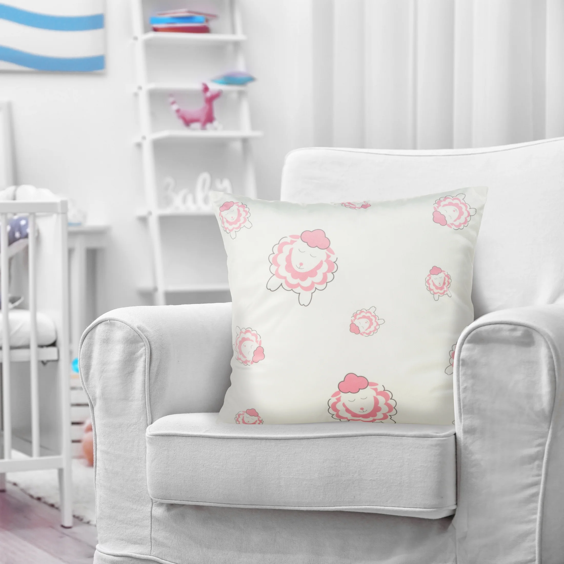 Poszewka na poduszkę 45x45 cm welwetowa z motywem słodkich baranków biało, pudrowo różowy KIDS 4 DESIGN 92 Eurofirany