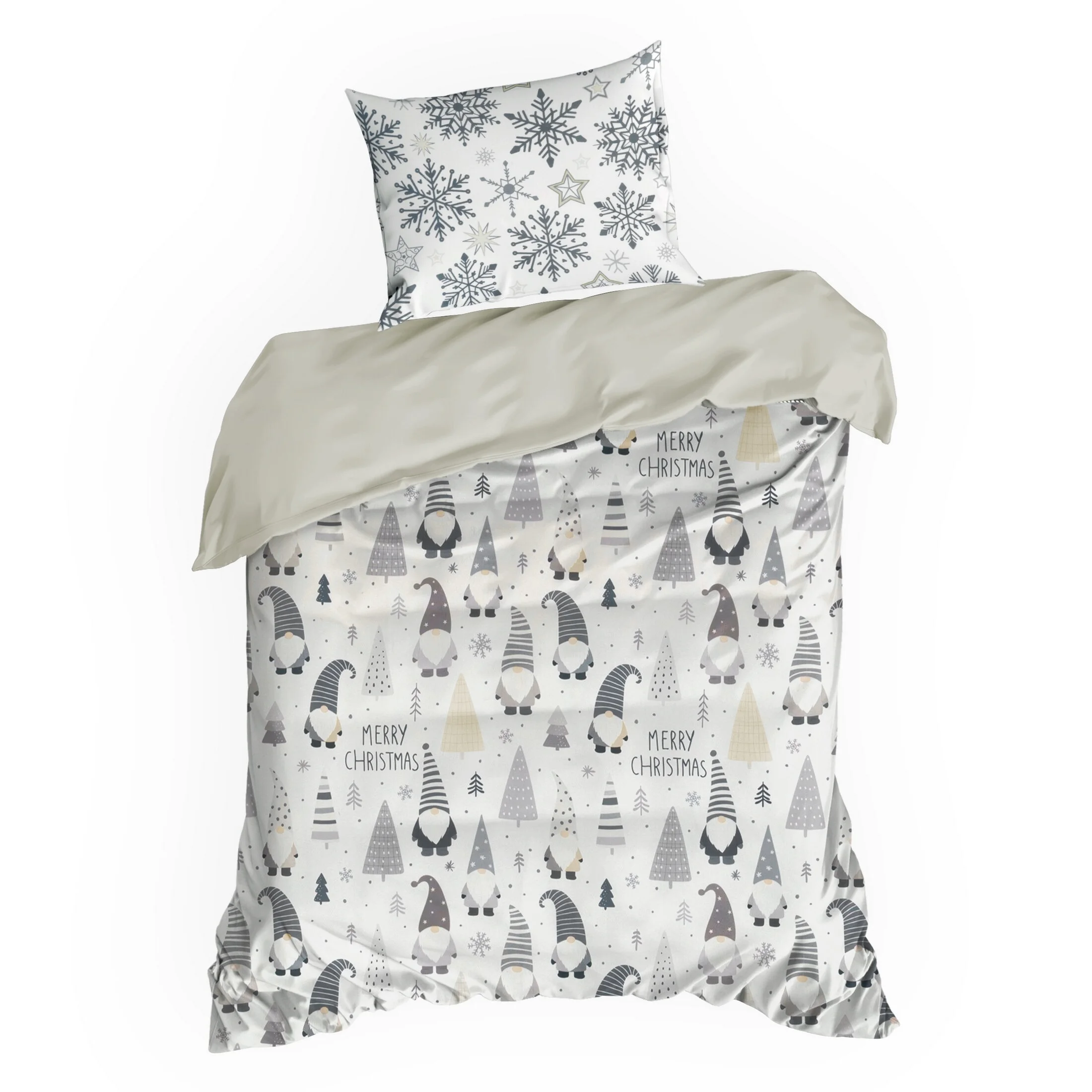 Pościel świąteczna 140x200 cm bawełna ranforce kolor biały, stalowy zdobiona nadrukiem uroczych skrzatów DWARF Eurofirany